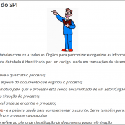 A imagem mostra na parte superior da tela o desenho de um homem com um livro na mão apontando para o alto. Abaixo a descrição dos itens das tabelas do SPI. 
